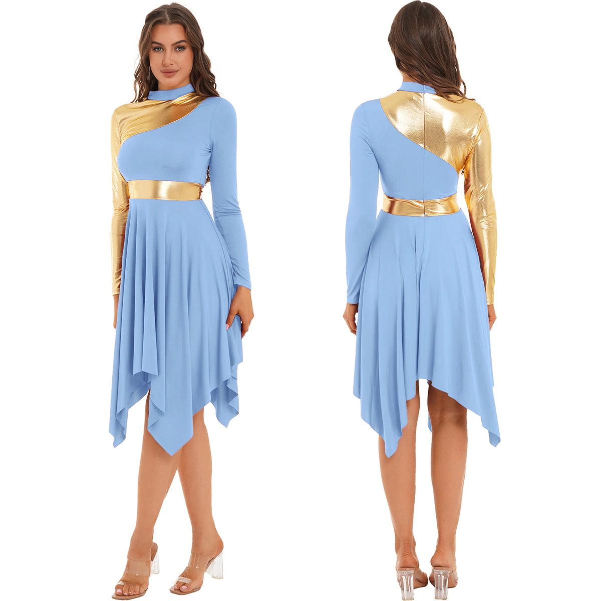 Women Modern Lyrical Dance Dress Waltz Ballroom Performance Costume Church Choir Worship Gown Long Sleeve Shiny Dancewear