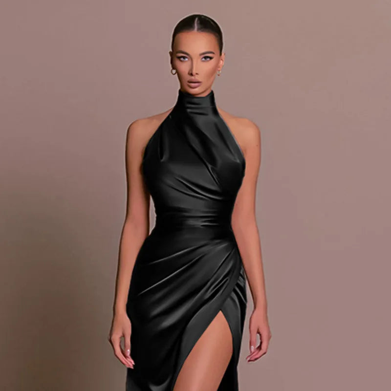 Women Dress Elegant Long Dresses Party Night Dress Women Dresses Woman Female Stand Collar Hanging Neck Sexy Slim Fit Slit
