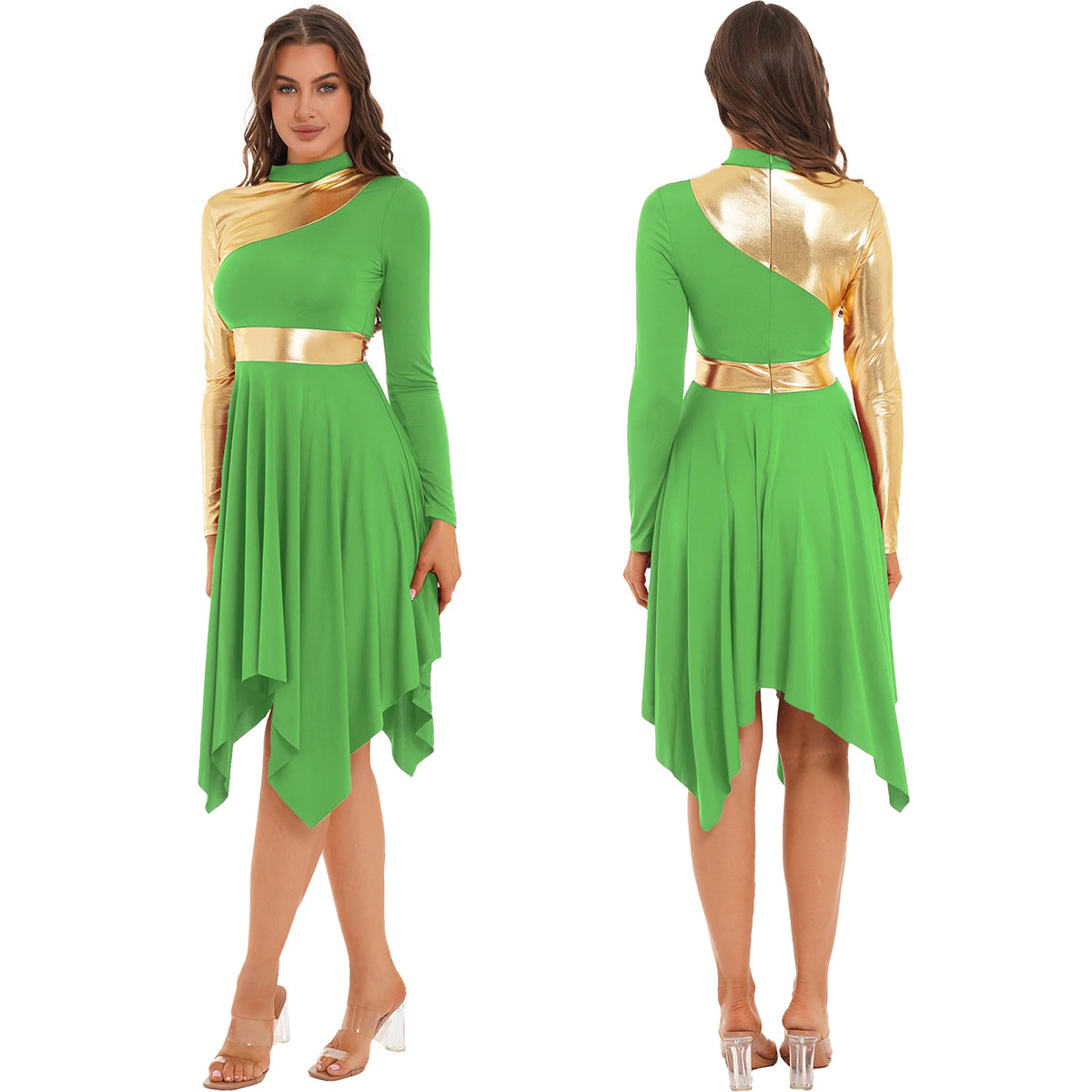 Women Modern Lyrical Dance Dress Waltz Ballroom Performance Costume Church Choir Worship Gown Long Sleeve Shiny Dancewear